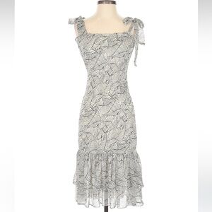 Lena Black and White Leaf-Print Midi Dress